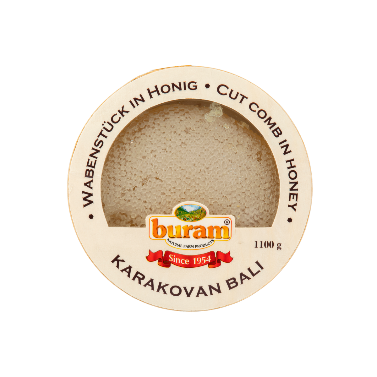 Honeycomb in honey, 1100 g, round container seen from above