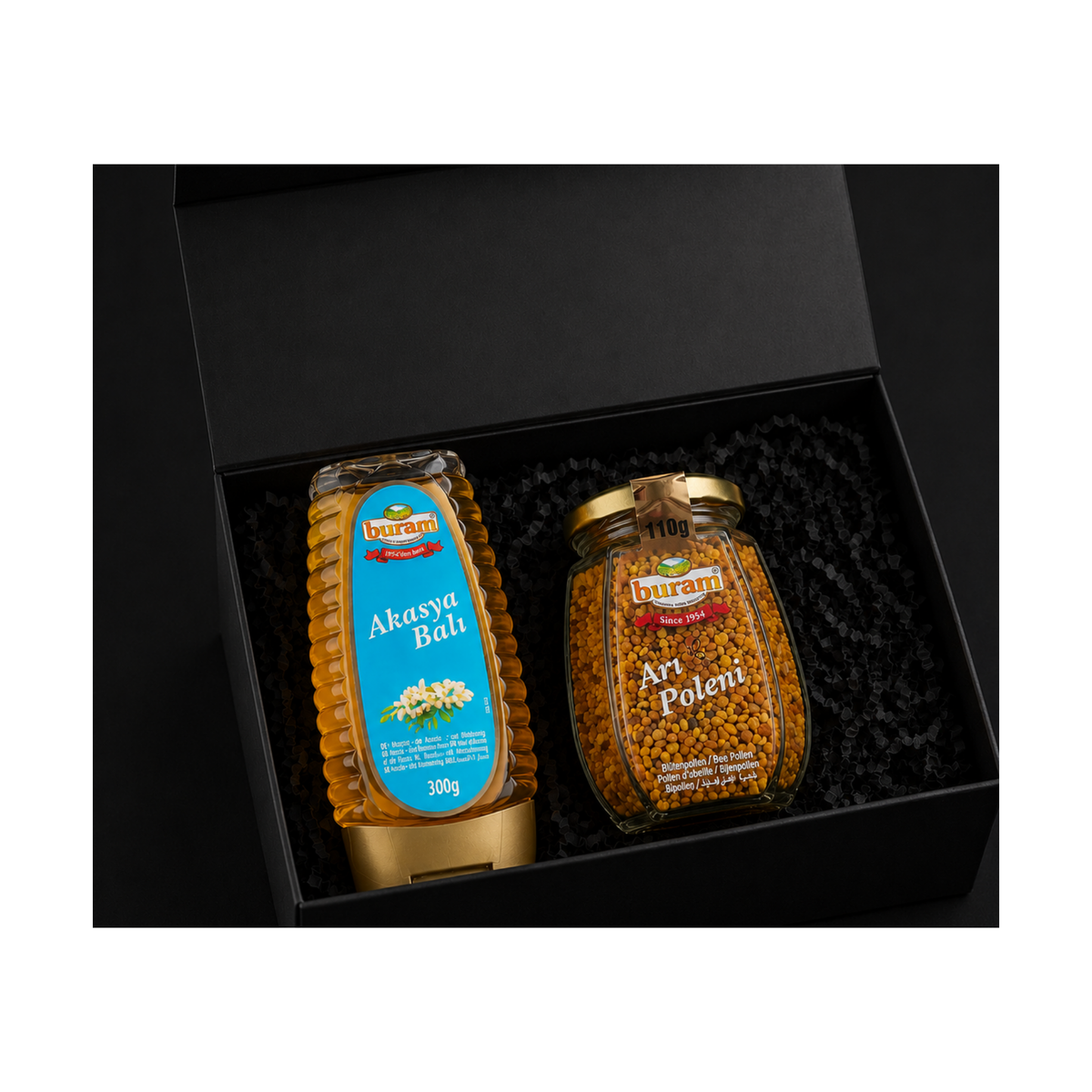Gift box for bowls with acacia honey and bee pollen