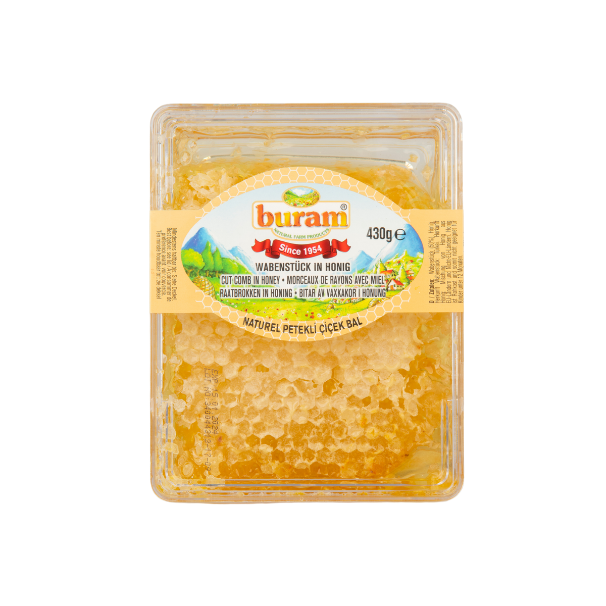 Honeycomb in honey, 430 g, in a clear container