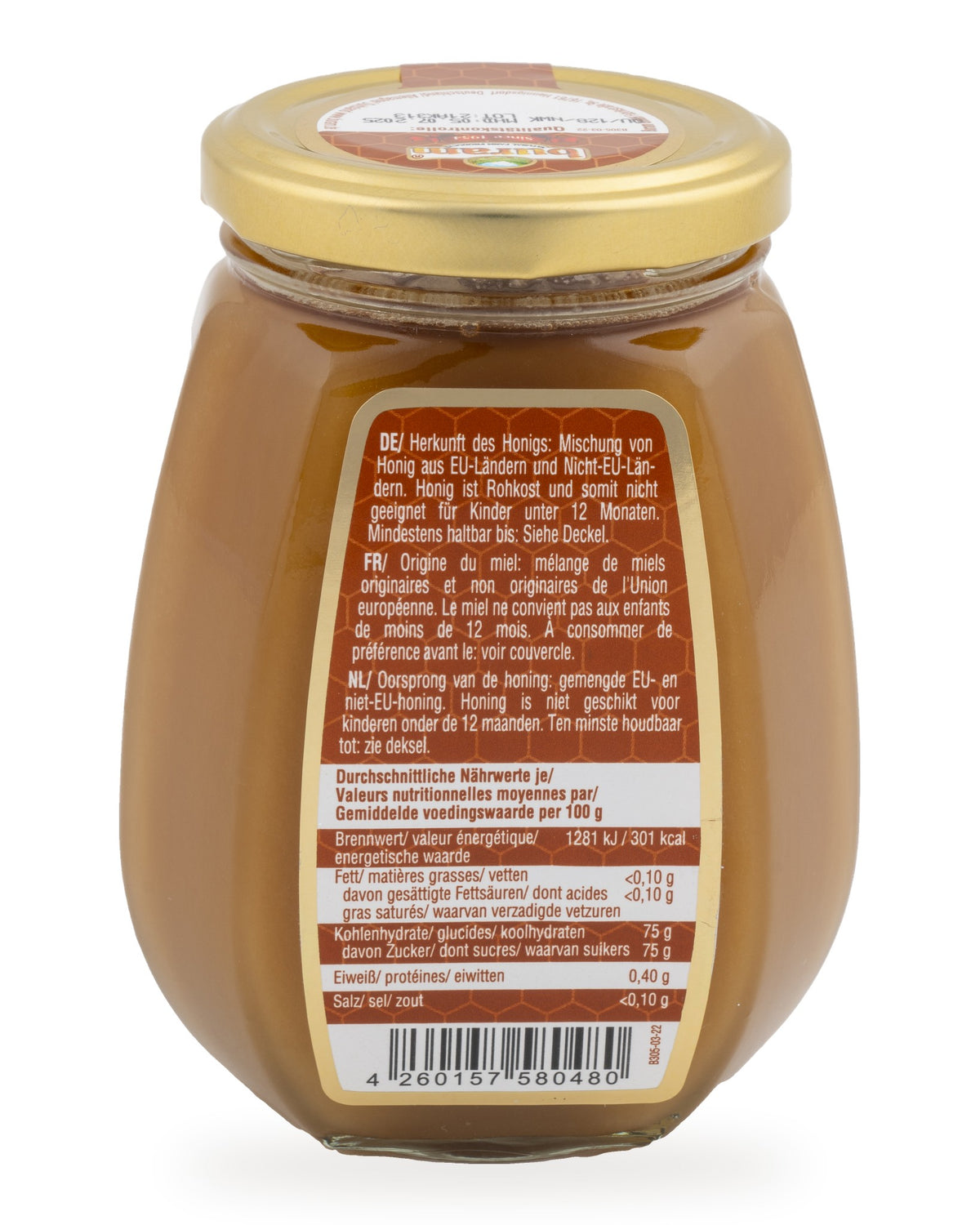 Buchweizenhonig, 500 g, Rückseite mit Nährwerten